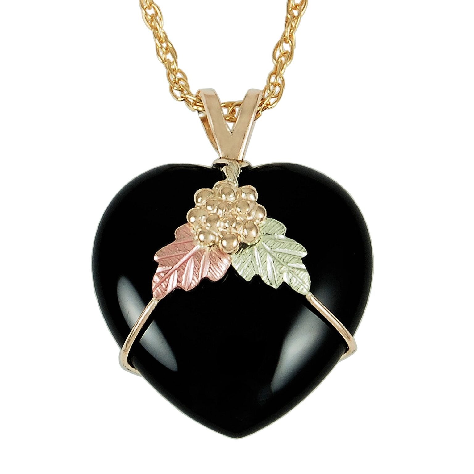 Black Hills Gold Heart Onyx Pendant - 10K Tri-Color Gold with 18" Chain