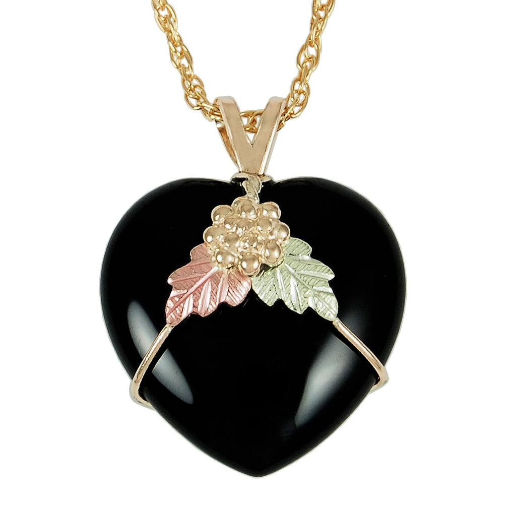 Black Hills Gold Heart Onyx Pendant - 10K Tri-Color Gold with 18" Chain
