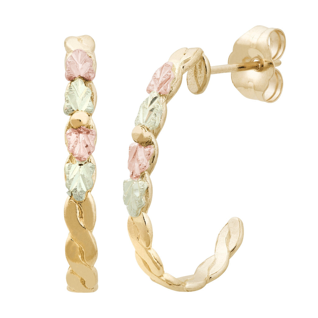 Black Hills Gold Braided Hoop Earrings - Tri-Color Gold with Signature Leaves