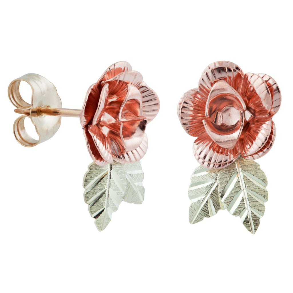 Black Hills Gold Dakota Rose Stud Earrings with Leaves