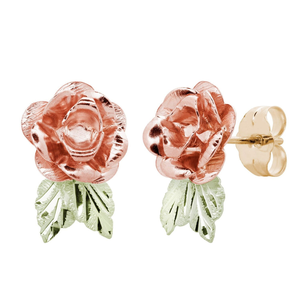 Black Hills Gold Dakota Rose Stud Earrings with Leaves